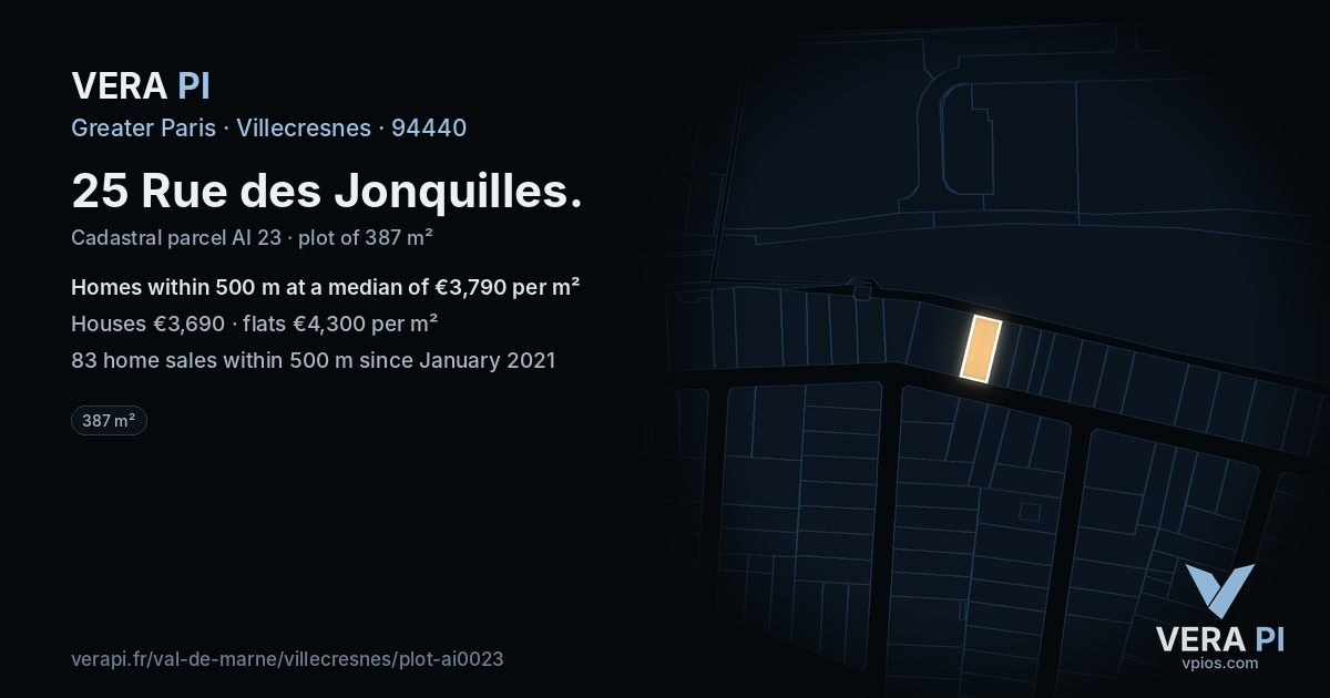 25 Rue des Jonquilles, Villecresnes at night – the plot lit, the parcels around coloured by the prices near them