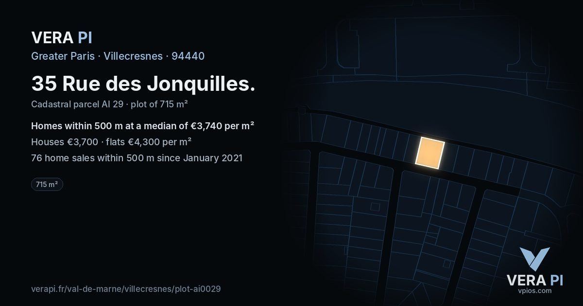35 Rue des Jonquilles, Villecresnes at night – the plot lit, the parcels around coloured by the prices near them