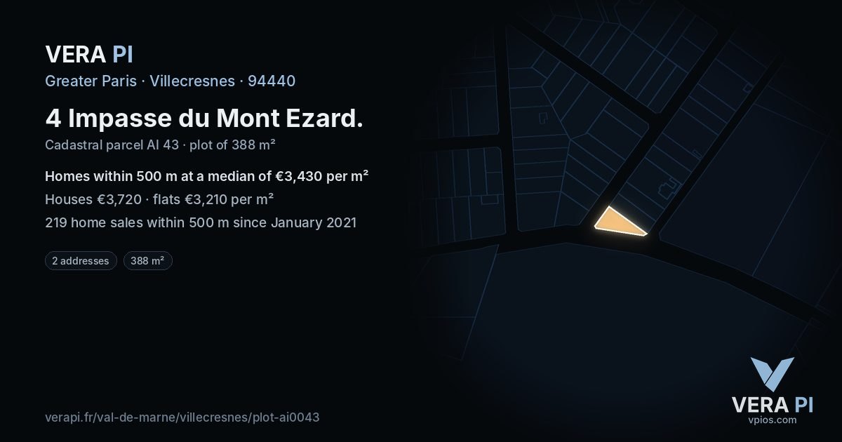 4 Impasse du Mont Ezard, Villecresnes at night – the plot lit, the parcels around coloured by the prices near them