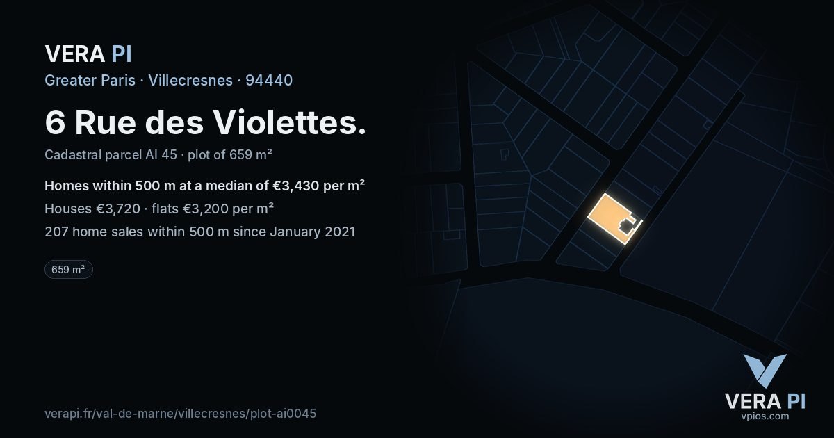 6 Rue des Violettes, Villecresnes at night – the plot lit, the parcels around coloured by the prices near them