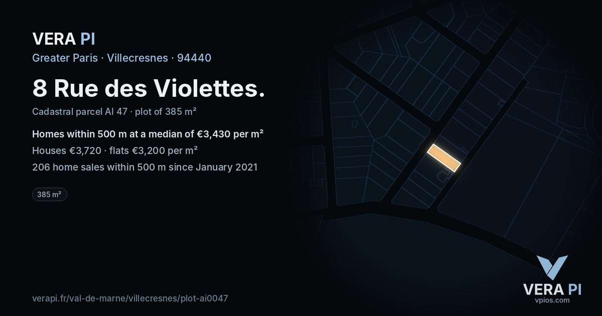 8 Rue des Violettes, Villecresnes at night – the plot lit, the parcels around coloured by the prices near them