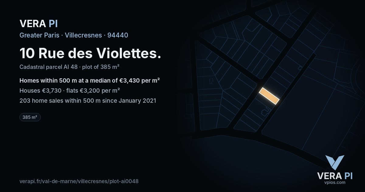 10 Rue des Violettes, Villecresnes at night – the plot lit, the parcels around coloured by the prices near them