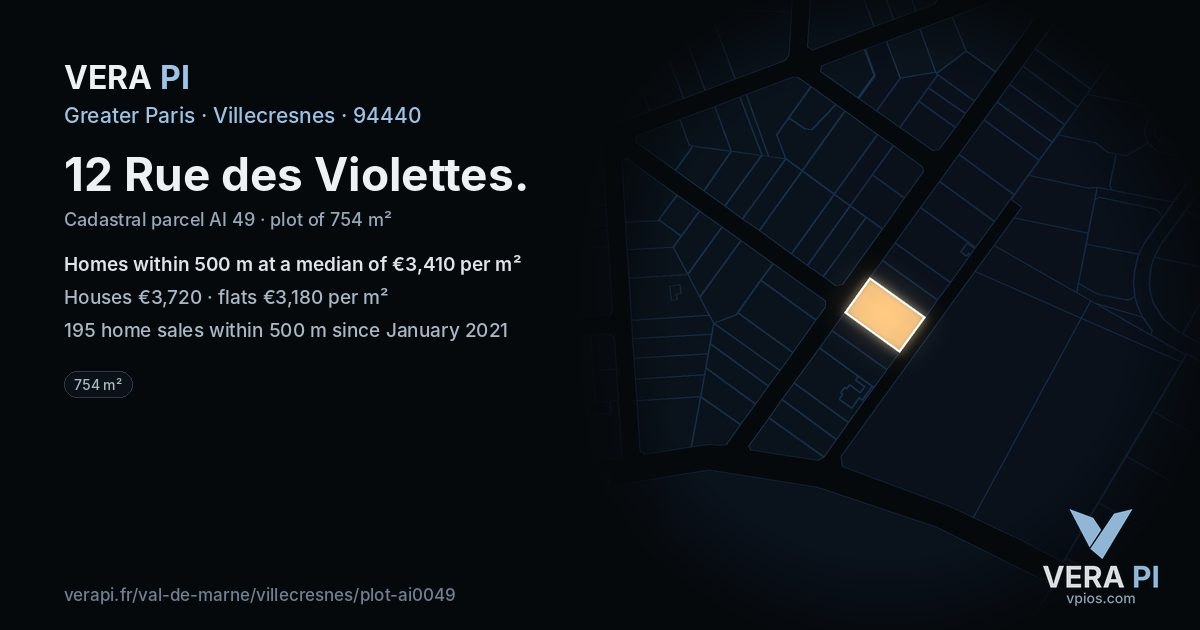 12 Rue des Violettes, Villecresnes at night – the plot lit, the parcels around coloured by the prices near them