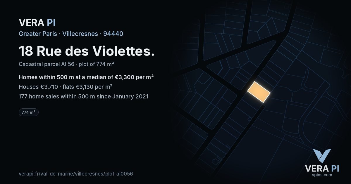 18 Rue des Violettes, Villecresnes at night – the plot lit, the parcels around coloured by the prices near them