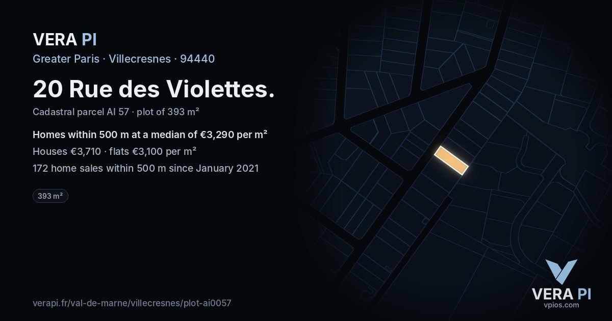20 Rue des Violettes, Villecresnes at night – the plot lit, the parcels around coloured by the prices near them