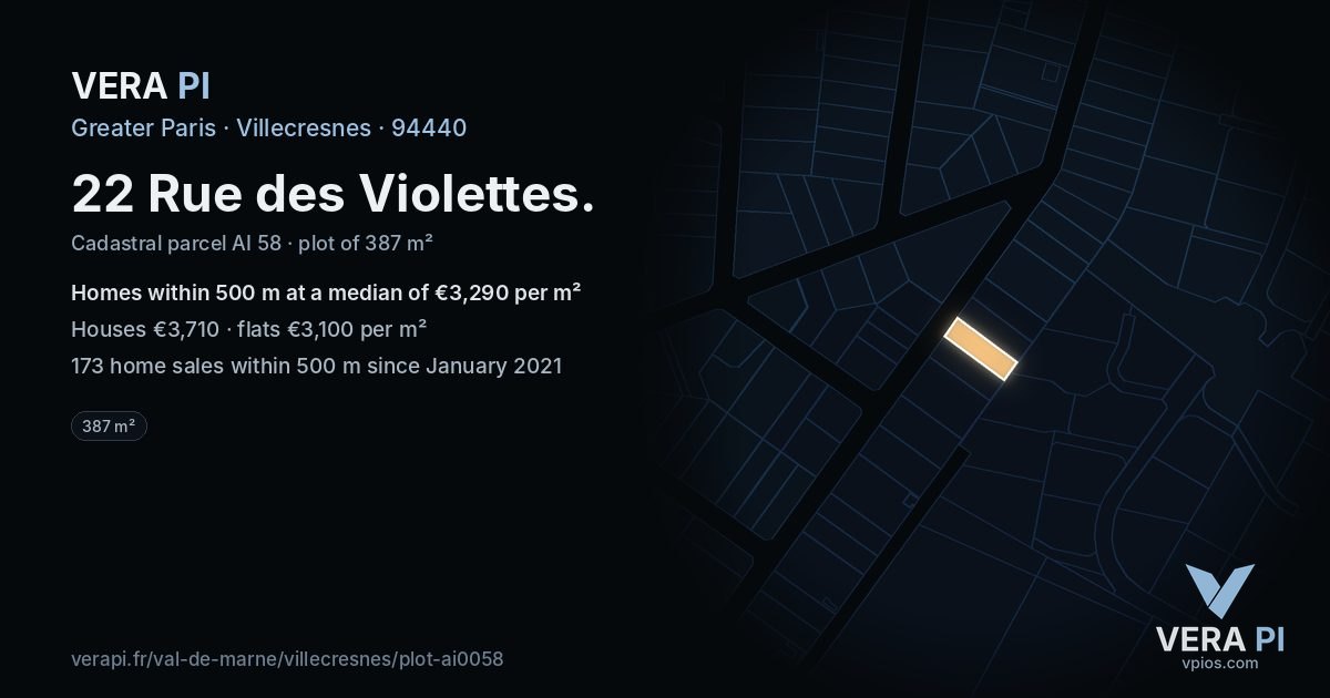 22 Rue des Violettes, Villecresnes at night – the plot lit, the parcels around coloured by the prices near them