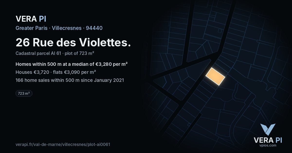 26 Rue des Violettes, Villecresnes at night – the plot lit, the parcels around coloured by the prices near them