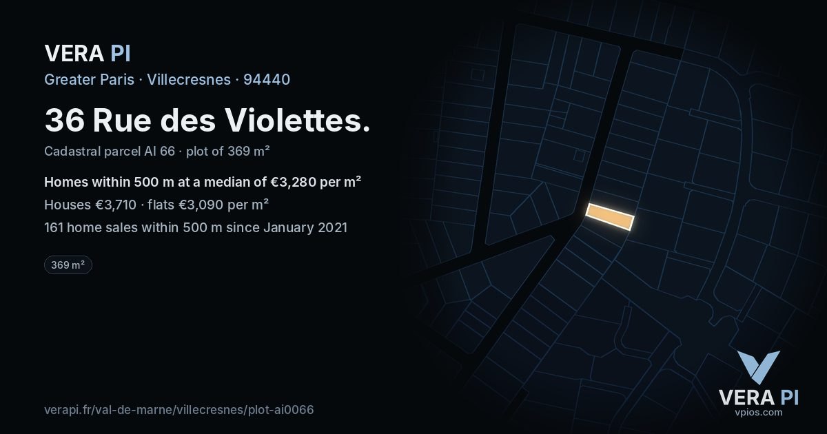 36 Rue des Violettes, Villecresnes at night – the plot lit, the parcels around coloured by the prices near them