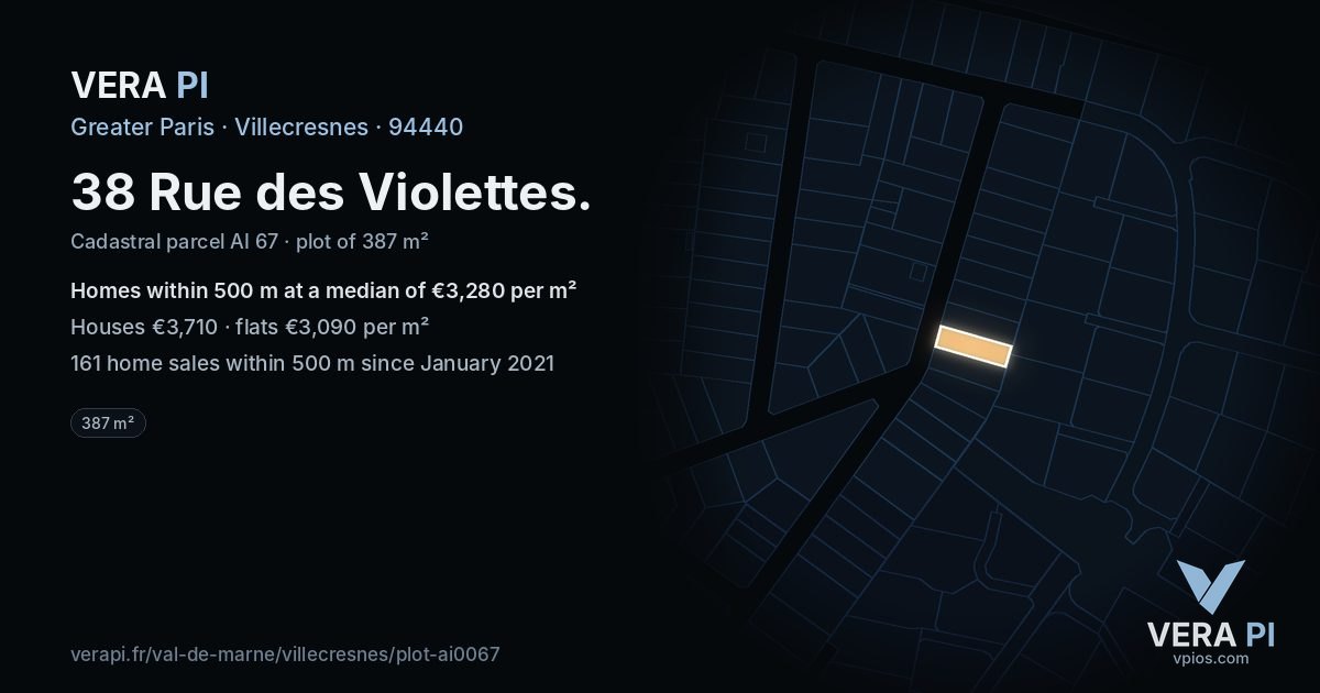 38 Rue des Violettes, Villecresnes at night – the plot lit, the parcels around coloured by the prices near them