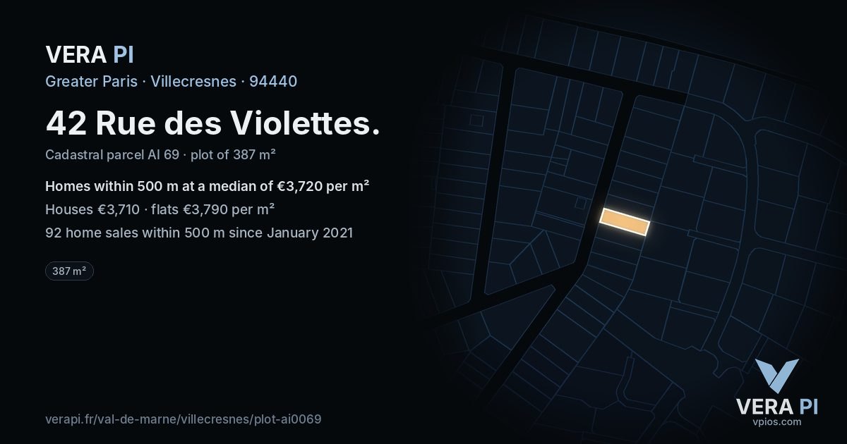 42 Rue des Violettes, Villecresnes at night – the plot lit, the parcels around coloured by the prices near them
