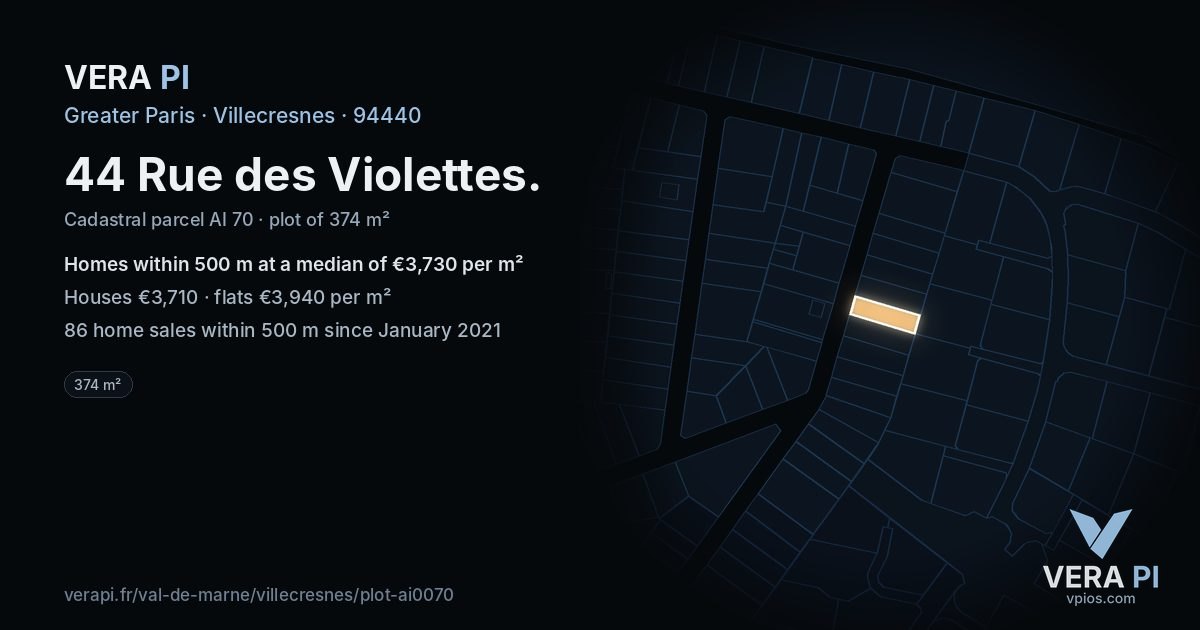 44 Rue des Violettes, Villecresnes at night – the plot lit, the parcels around coloured by the prices near them