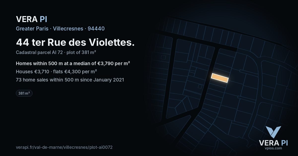 44 ter Rue des Violettes, Villecresnes at night – the plot lit, the parcels around coloured by the prices near them