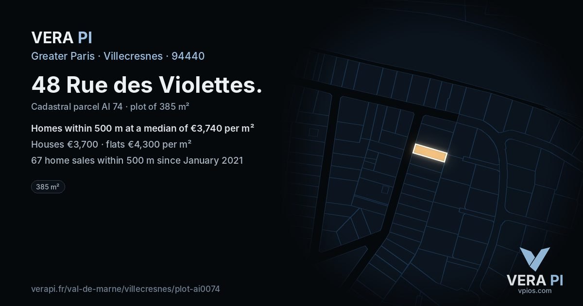 48 Rue des Violettes, Villecresnes at night – the plot lit, the parcels around coloured by the prices near them