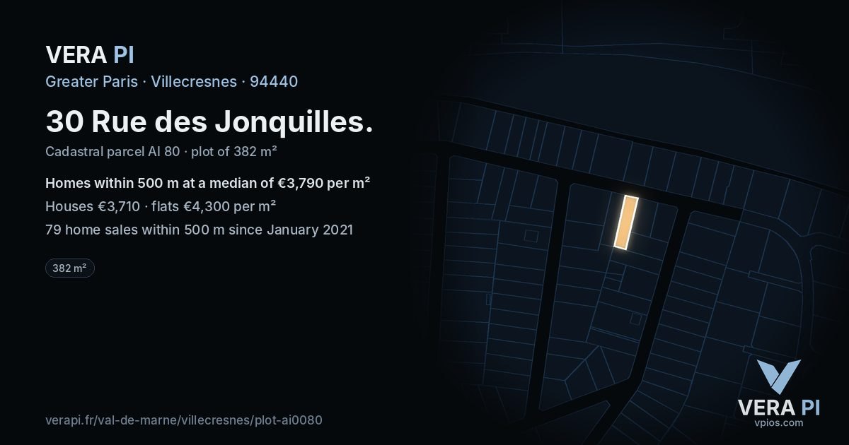 30 Rue des Jonquilles, Villecresnes at night – the plot lit, the parcels around coloured by the prices near them