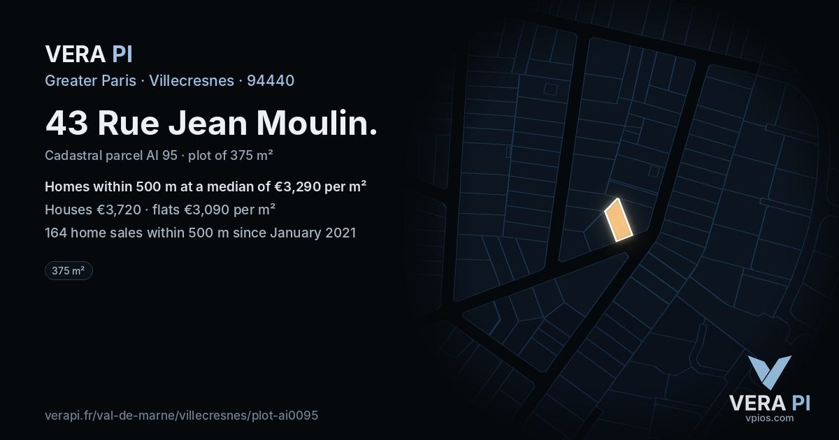 43 Rue Jean Moulin, Villecresnes at night – the plot lit, the parcels around coloured by the prices near them