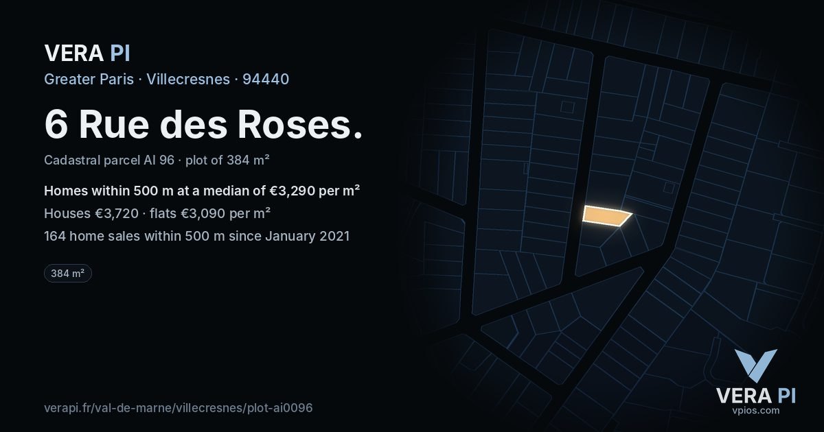 6 Rue des Roses, Villecresnes at night – the plot lit, the parcels around coloured by the prices near them