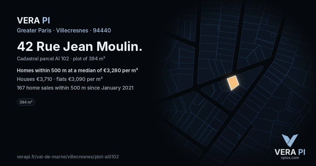 42 Rue Jean Moulin, Villecresnes at night – the plot lit, the parcels around coloured by the prices near them