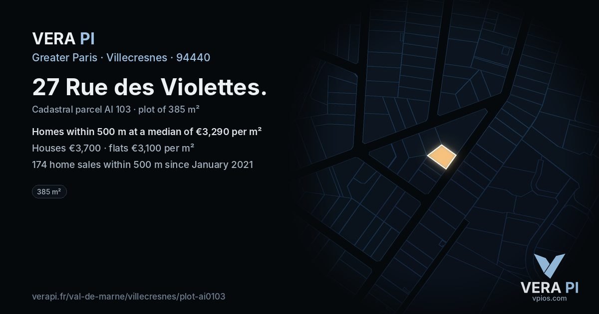 27 Rue des Violettes, Villecresnes at night – the plot lit, the parcels around coloured by the prices near them