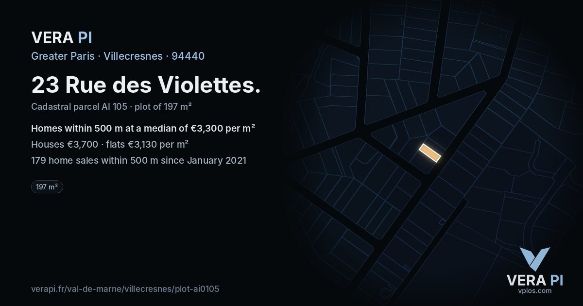 23 Rue des Violettes, Villecresnes at night – the plot lit, the parcels around coloured by the prices near them