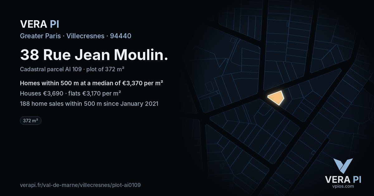 38 Rue Jean Moulin, Villecresnes at night – the plot lit, the parcels around coloured by the prices near them