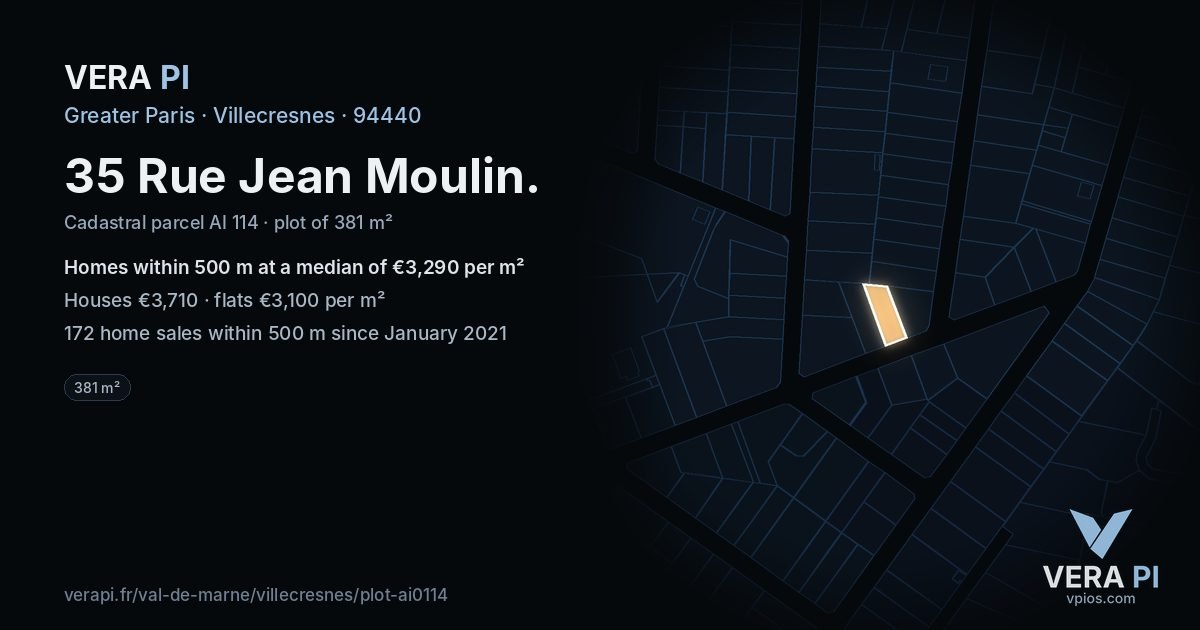 35 Rue Jean Moulin, Villecresnes at night – the plot lit, the parcels around coloured by the prices near them