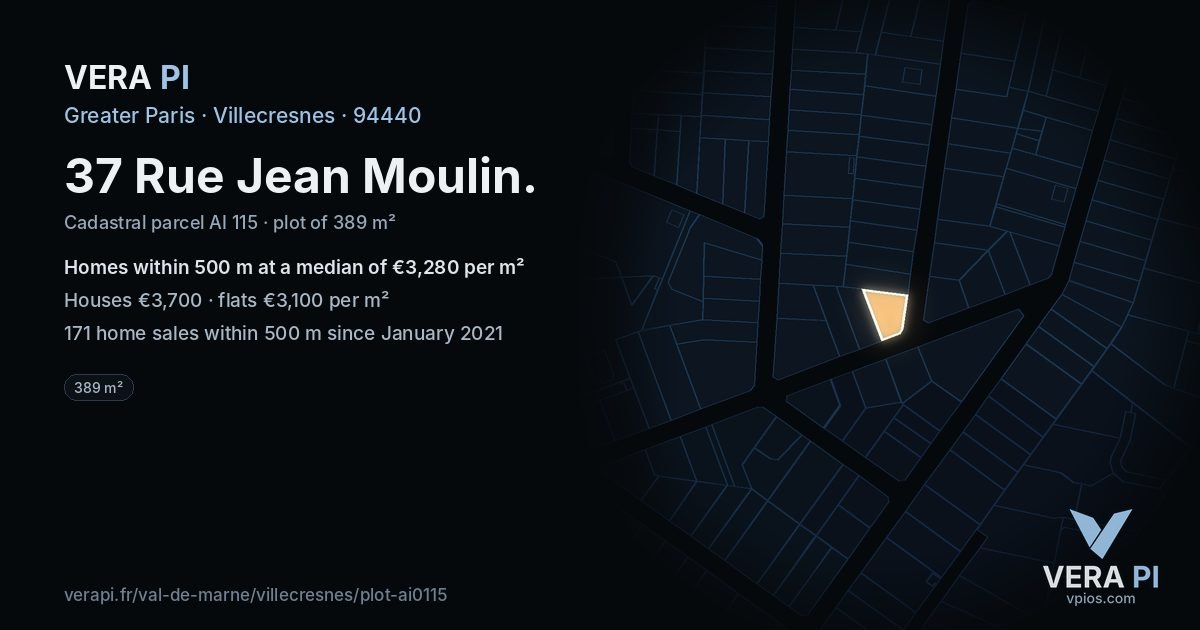 37 Rue Jean Moulin, Villecresnes at night – the plot lit, the parcels around coloured by the prices near them