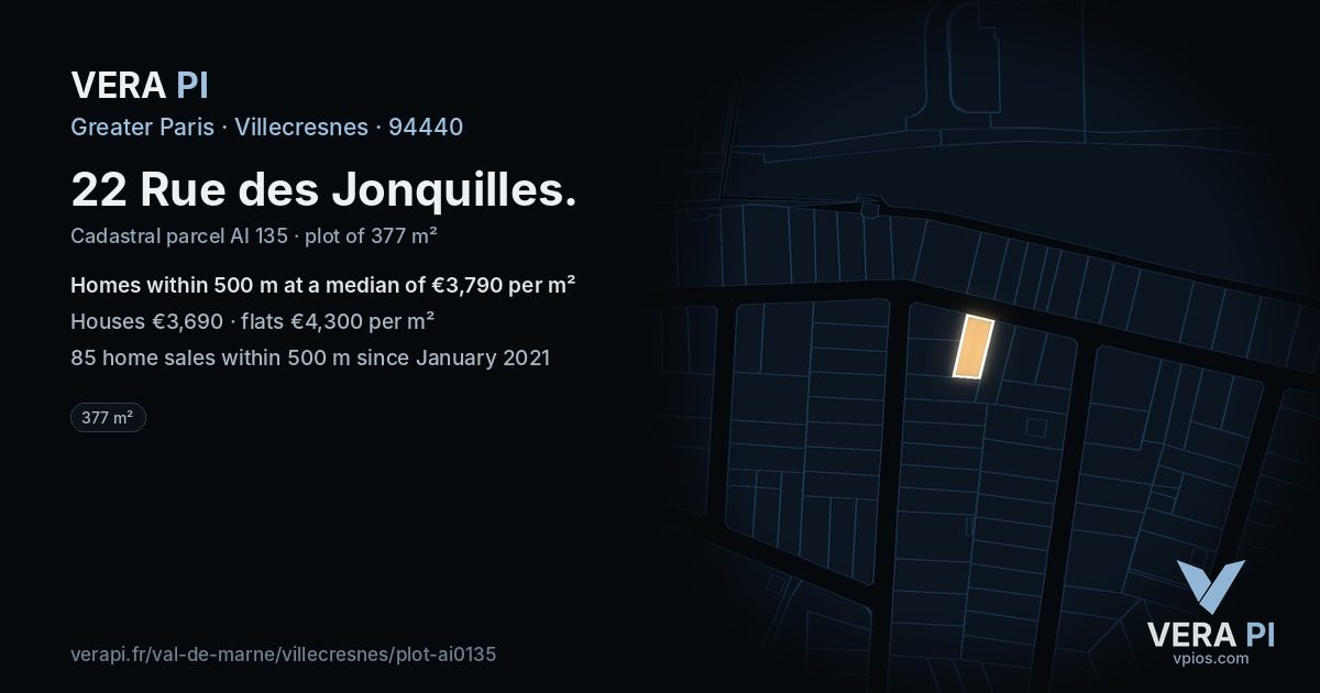 22 Rue des Jonquilles, Villecresnes at night – the plot lit, the parcels around coloured by the prices near them