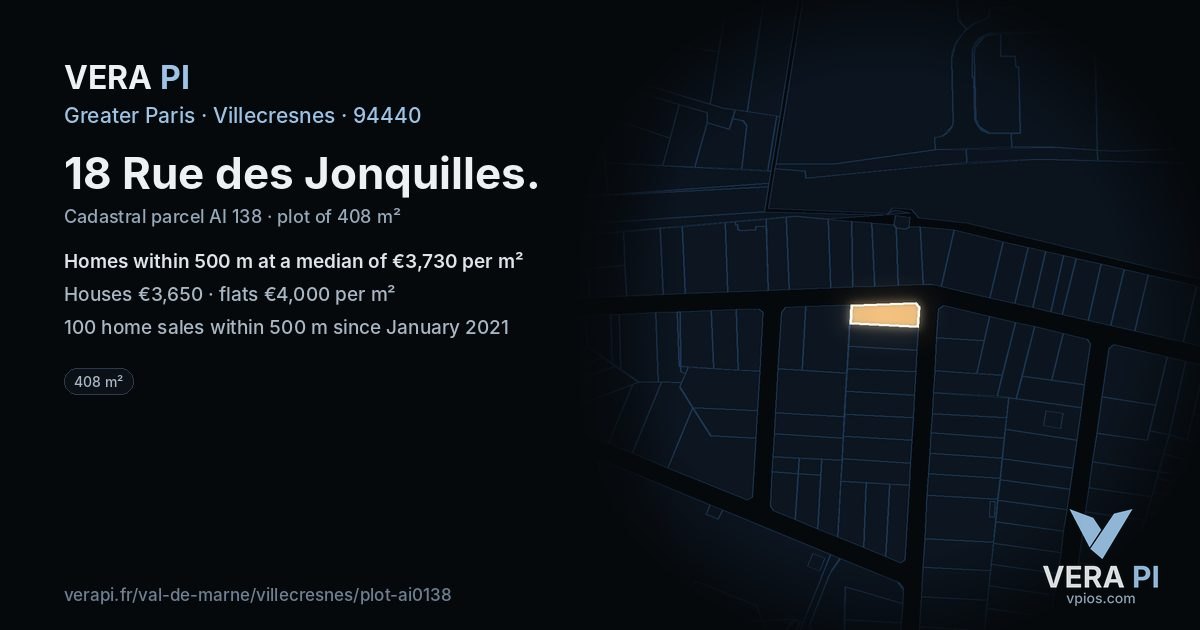 18 Rue des Jonquilles, Villecresnes at night – the plot lit, the parcels around coloured by the prices near them