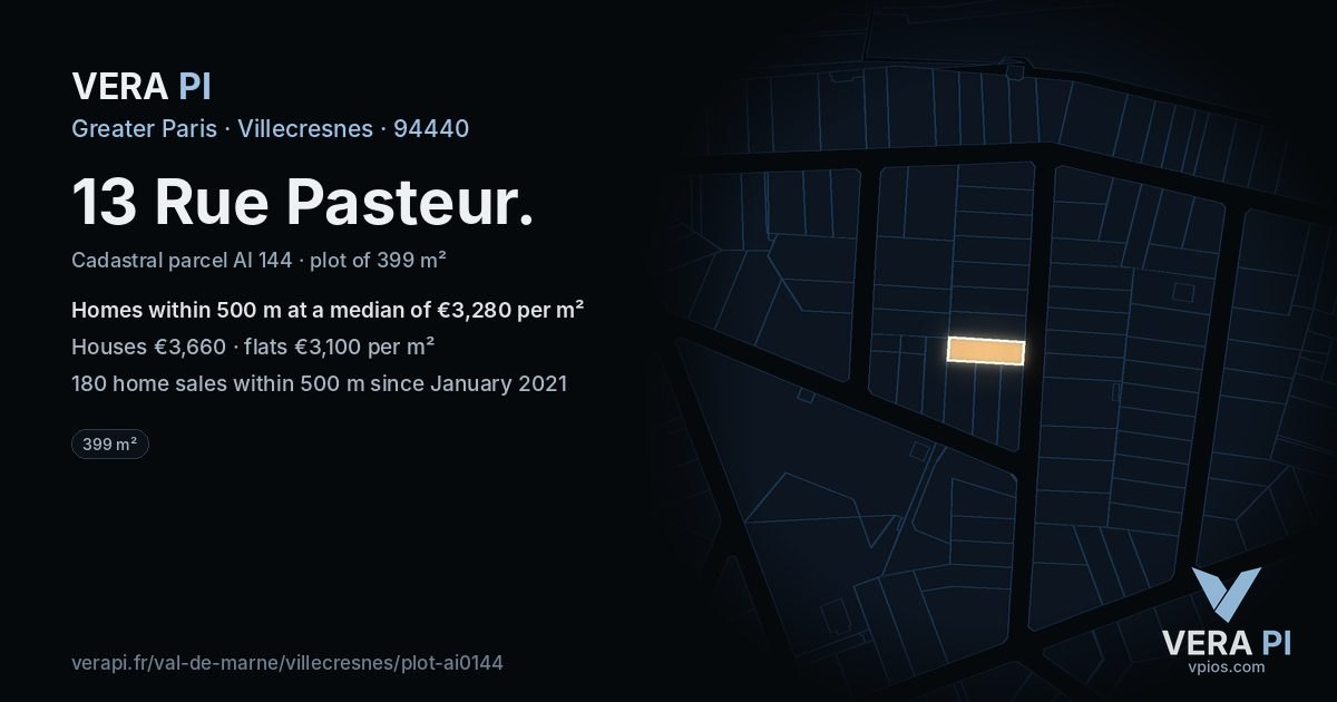 13 Rue Pasteur, Villecresnes at night – the plot lit, the parcels around coloured by the prices near them