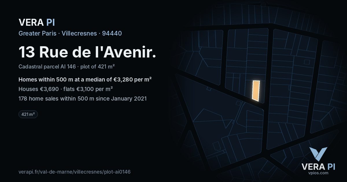 13 Rue de l'Avenir, Villecresnes at night – the plot lit, the parcels around coloured by the prices near them