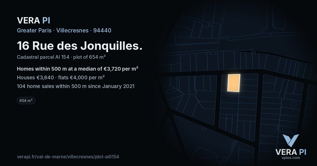 16 Rue des Jonquilles, Villecresnes at night – the plot lit, the parcels around coloured by the prices near them