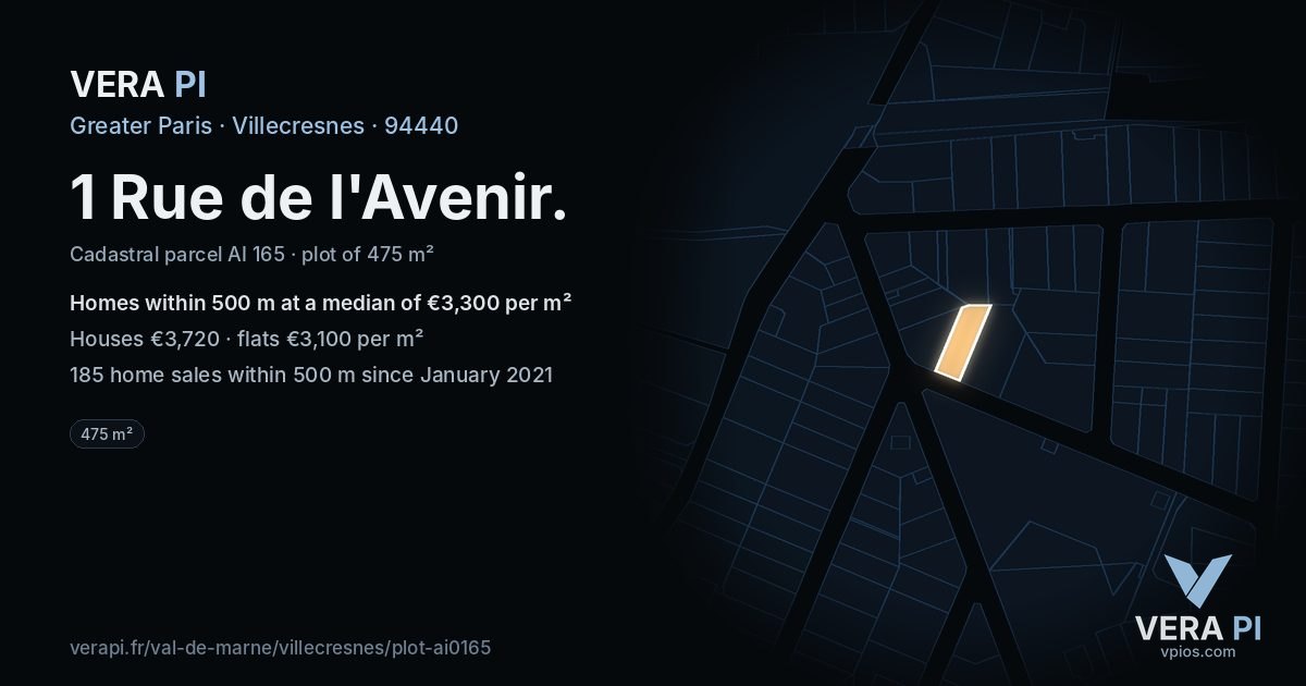 1 Rue de l'Avenir, Villecresnes at night – the plot lit, the parcels around coloured by the prices near them