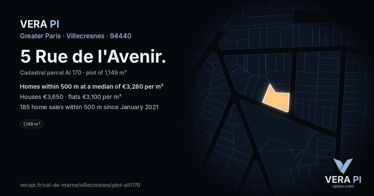 5 Rue de l'Avenir, Villecresnes at night – the plot lit, the parcels around coloured by the prices near them