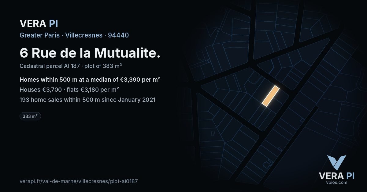 6 Rue de la Mutualite, Villecresnes at night – the plot lit, the parcels around coloured by the prices near them