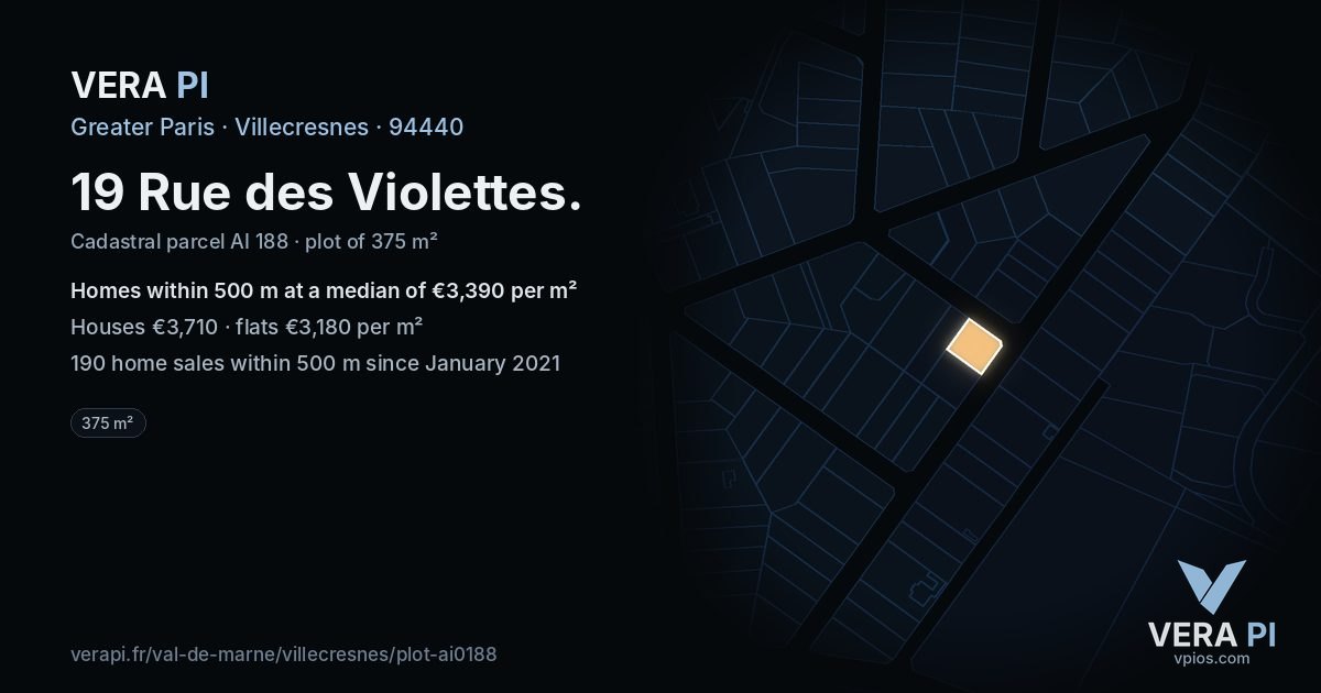 19 Rue des Violettes, Villecresnes at night – the plot lit, the parcels around coloured by the prices near them