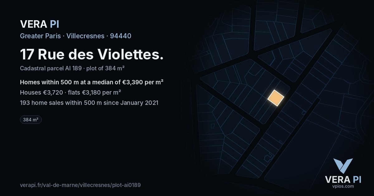 17 Rue des Violettes, Villecresnes at night – the plot lit, the parcels around coloured by the prices near them