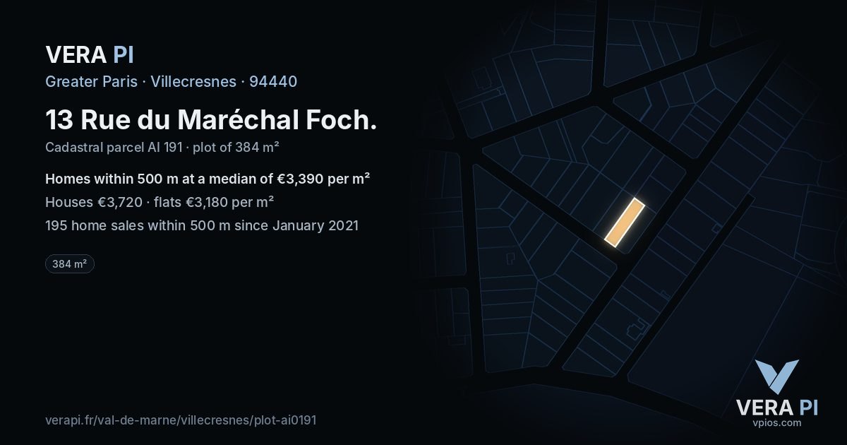13 Rue du Maréchal Foch, Villecresnes at night – the plot lit, the parcels around coloured by the prices near them