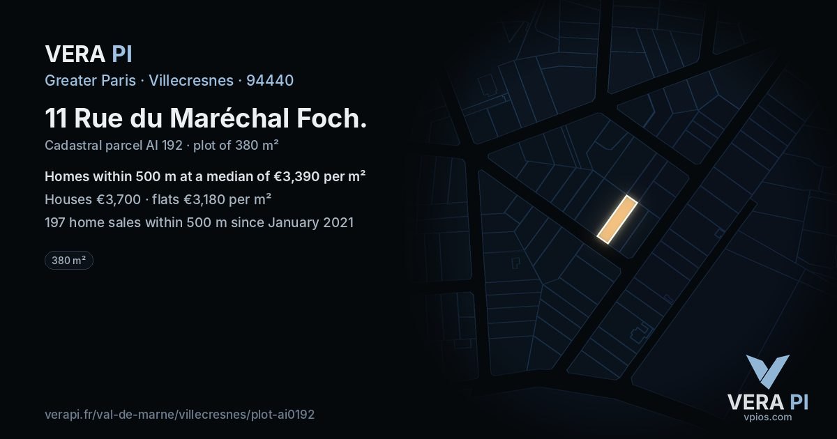 11 Rue du Maréchal Foch, Villecresnes at night – the plot lit, the parcels around coloured by the prices near them