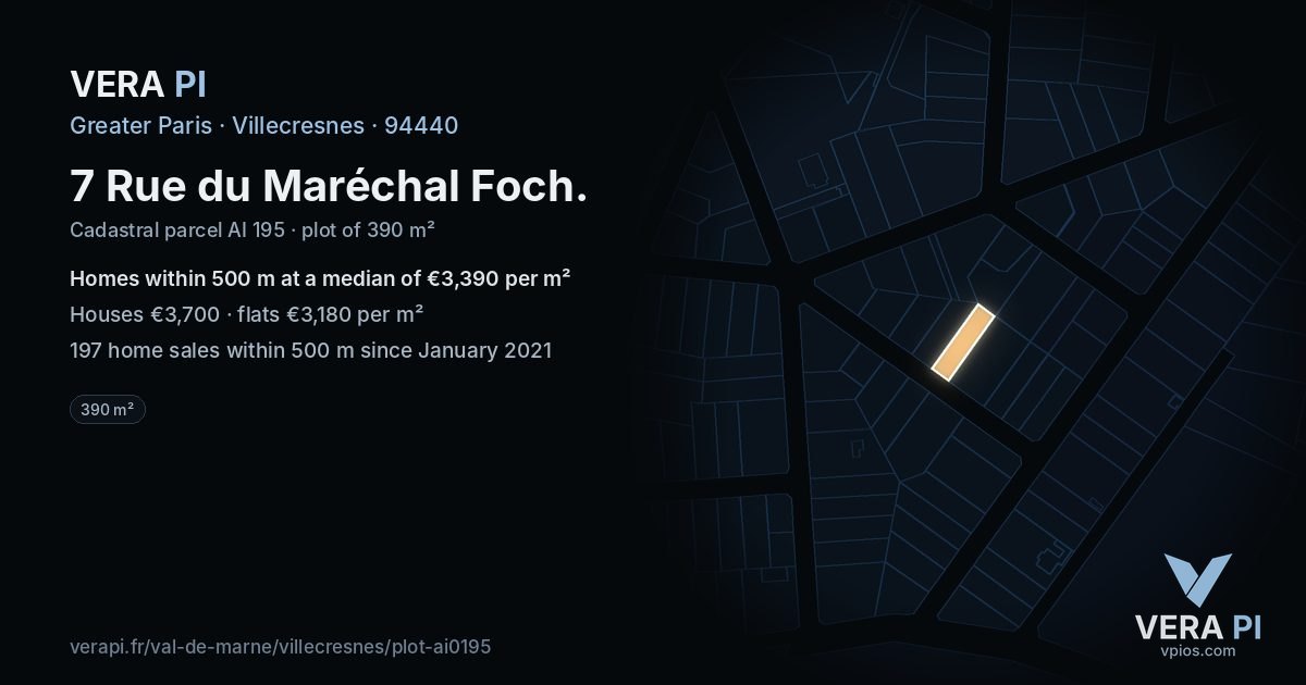 7 Rue du Maréchal Foch, Villecresnes at night – the plot lit, the parcels around coloured by the prices near them