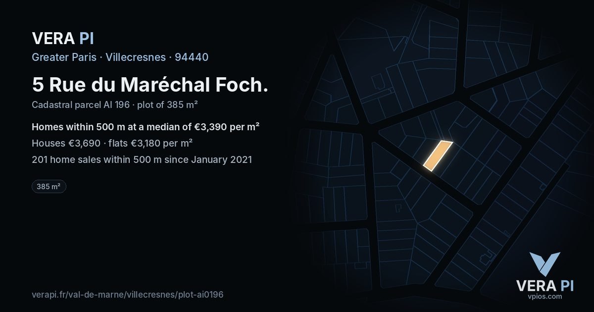 5 Rue du Maréchal Foch, Villecresnes at night – the plot lit, the parcels around coloured by the prices near them