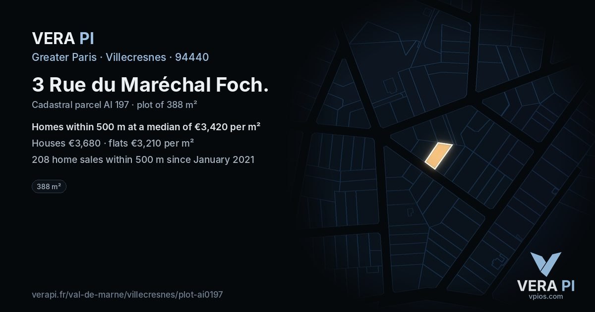 3 Rue du Maréchal Foch, Villecresnes at night – the plot lit, the parcels around coloured by the prices near them