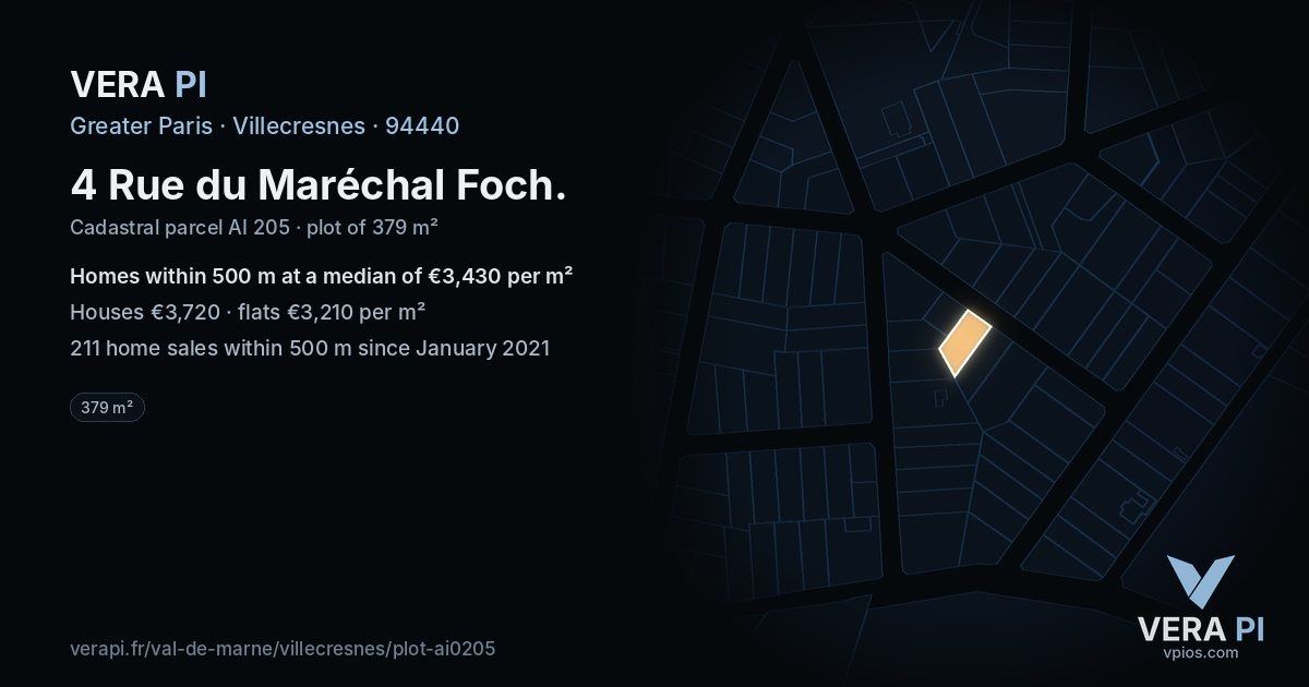 4 Rue du Maréchal Foch, Villecresnes at night – the plot lit, the parcels around coloured by the prices near them