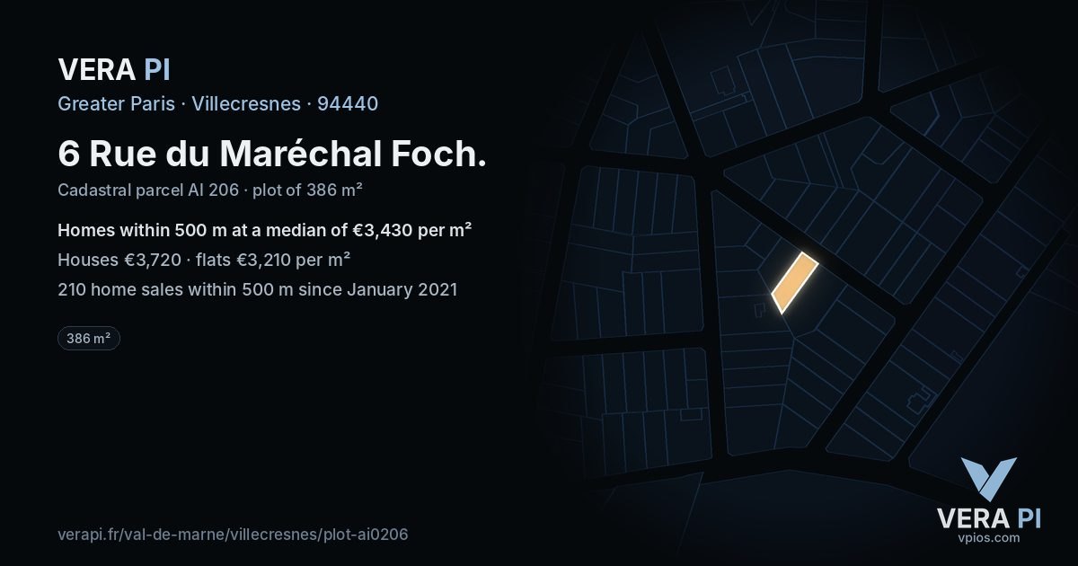 6 Rue du Maréchal Foch, Villecresnes at night – the plot lit, the parcels around coloured by the prices near them