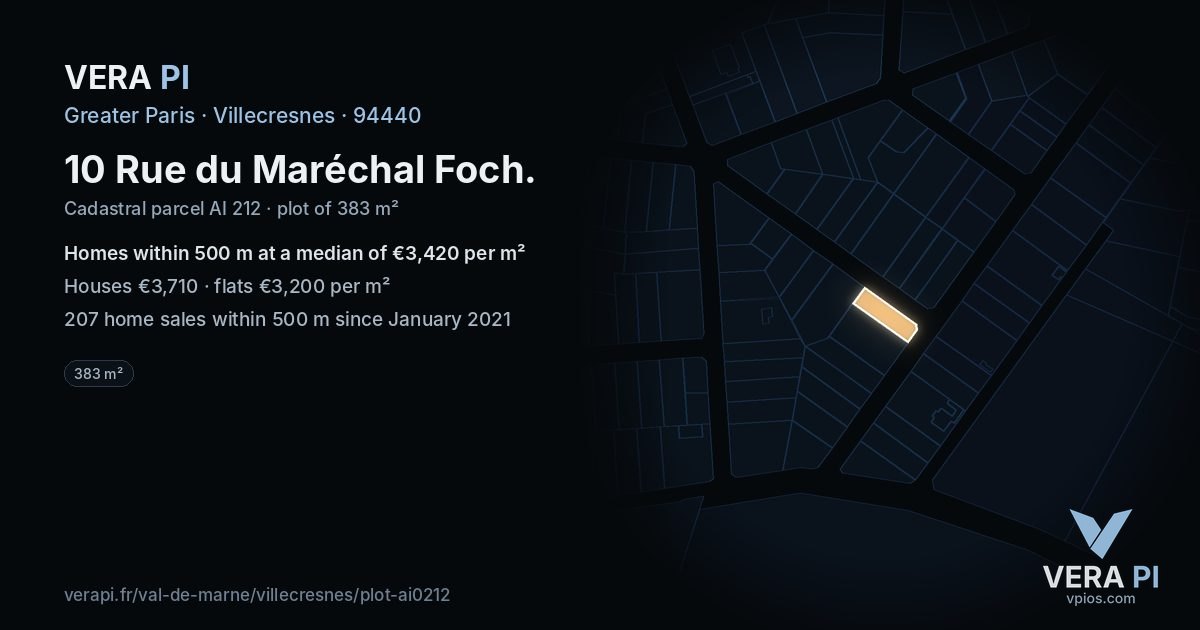 10 Rue du Maréchal Foch, Villecresnes at night – the plot lit, the parcels around coloured by the prices near them