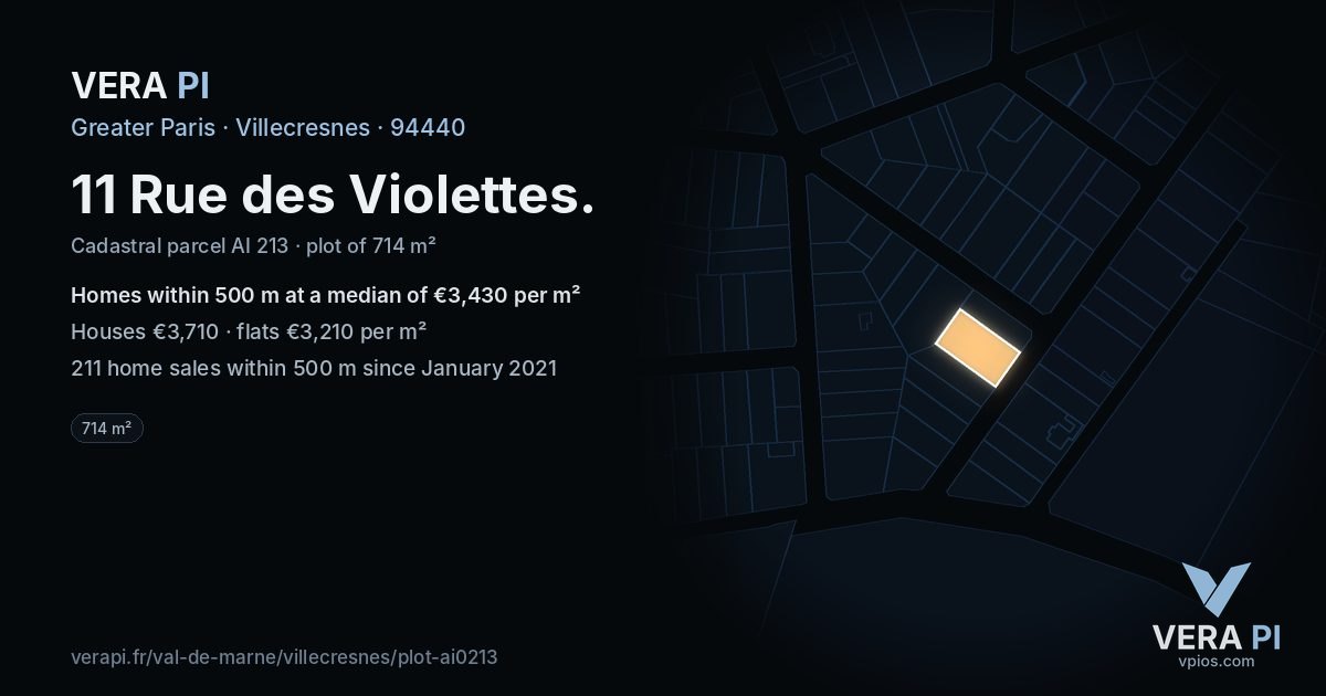 11 Rue des Violettes, Villecresnes at night – the plot lit, the parcels around coloured by the prices near them