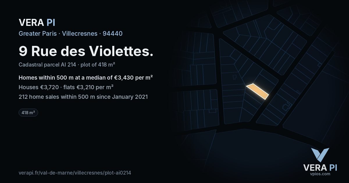 9 Rue des Violettes, Villecresnes at night – the plot lit, the parcels around coloured by the prices near them