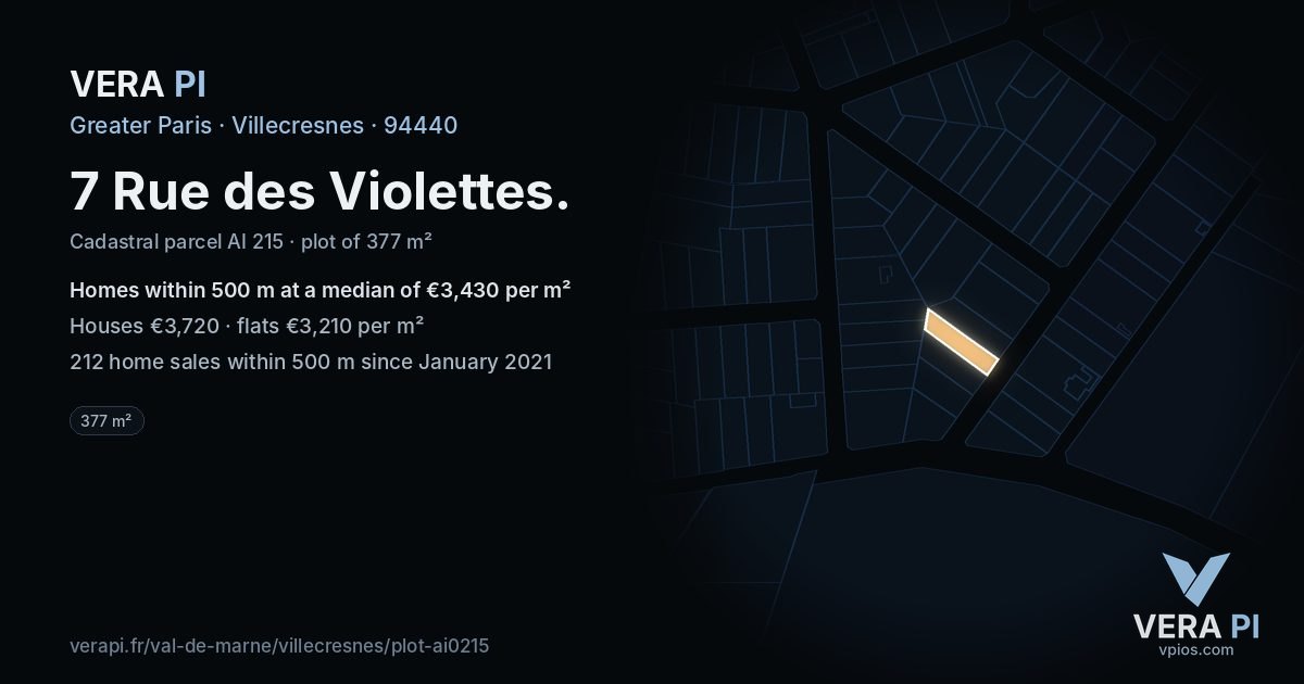 7 Rue des Violettes, Villecresnes at night – the plot lit, the parcels around coloured by the prices near them
