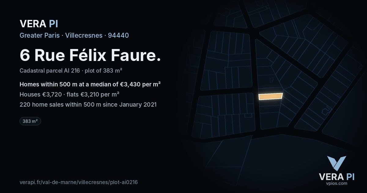 6 Rue Félix Faure, Villecresnes at night – the plot lit, the parcels around coloured by the prices near them