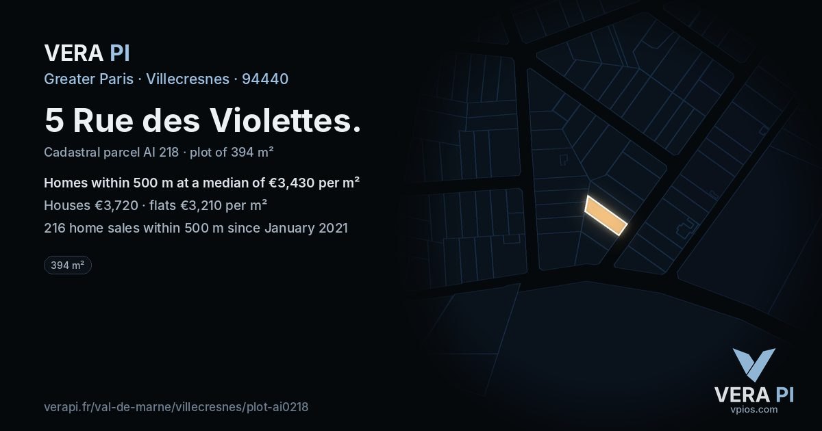 5 Rue des Violettes, Villecresnes at night – the plot lit, the parcels around coloured by the prices near them