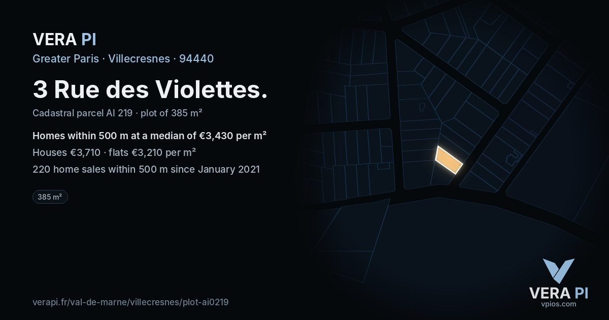 3 Rue des Violettes, Villecresnes at night – the plot lit, the parcels around coloured by the prices near them